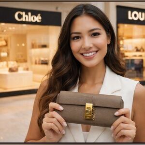 Chloé Wallet Drew Lambskin Leather long wallet greige gold hardware Luxury $550